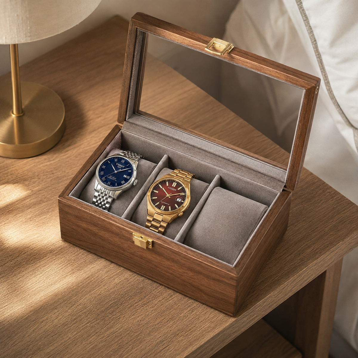 Small Horae walnut box open with three dress watches resting on soft grey cushions