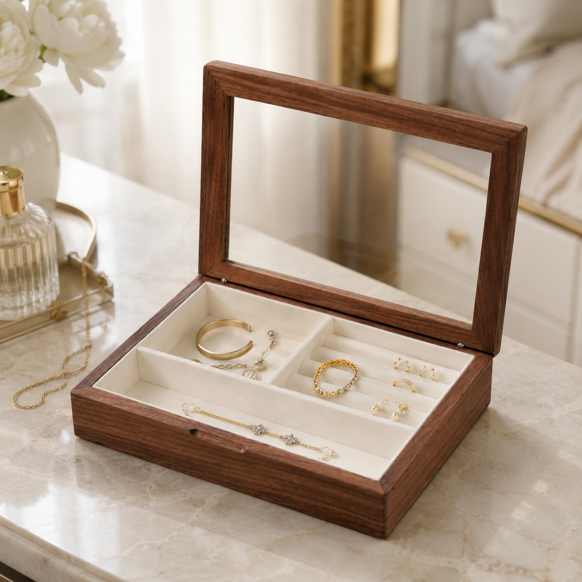 Lucina walnut box open on a marble top, hoops and studs set in the velvet sections