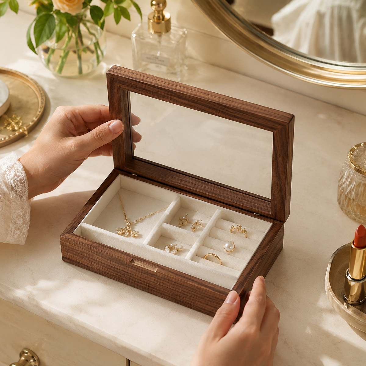Hands opening the Lucina walnut box on a dressing table, earrings and a chain inside