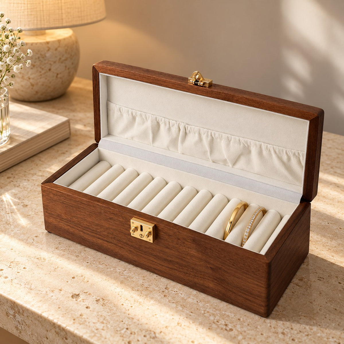 Anella Walnut Bangle Box in Solid Wood / 12-Compartment, on a sideboard in natural light #Lid Style_Solid Wood|Compartment_12-Compartment