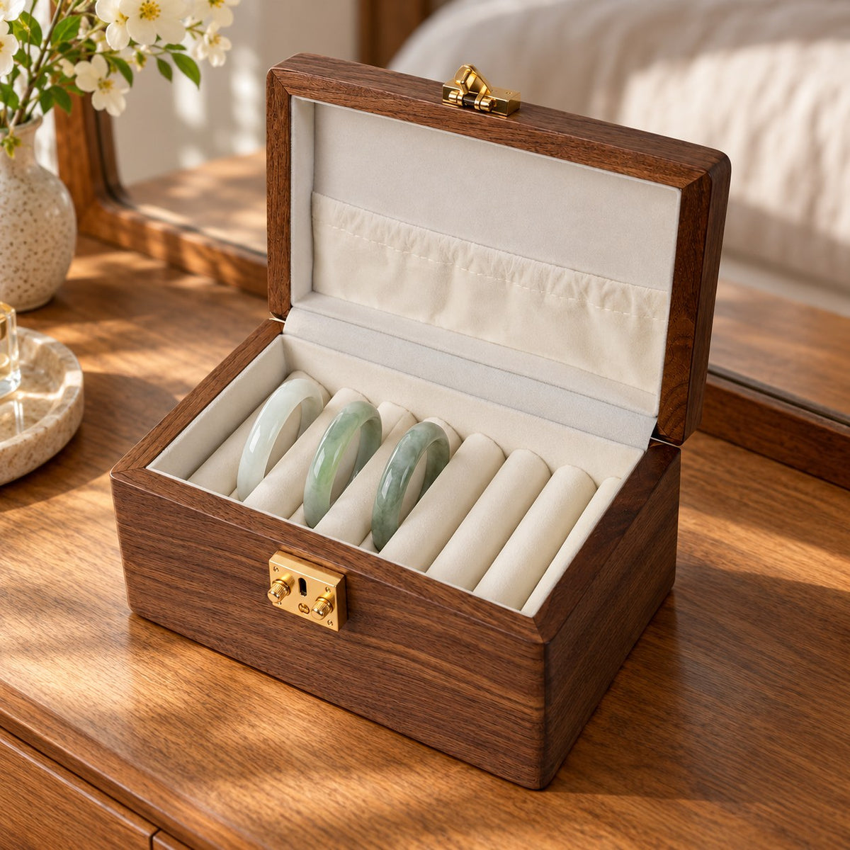 Anella Walnut Bangle Box in Solid Wood / 7-Compartment, on a dressing table #Lid Style_Solid Wood|Compartment_7-Compartment