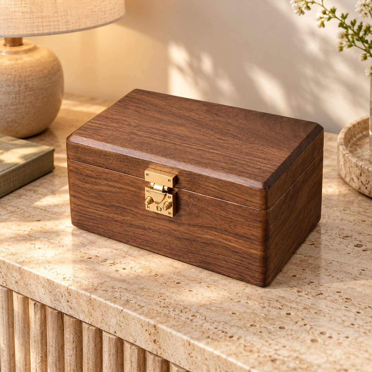 Anella Walnut Bangle Box in Solid Wood / 7-Compartment, on a sideboard in natural light #Lid Style_Solid Wood|Compartment_7-Compartment