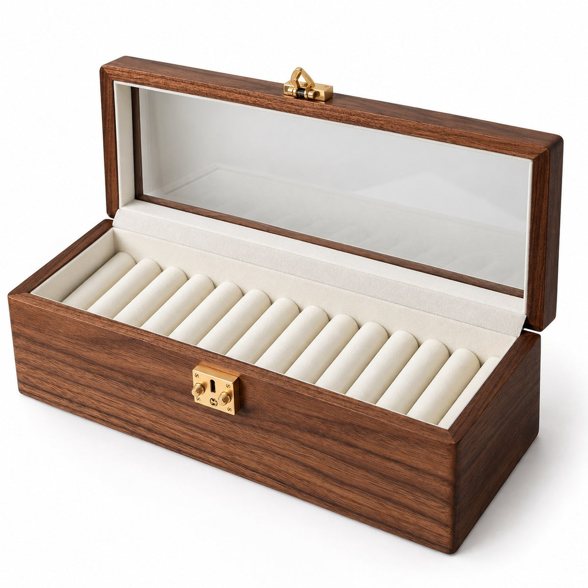 Anella Walnut Bangle Box in Transparent Glass / 12-Compartment, open with empty compartments, studio view on white #Lid Style_Transparent Glass|Compartment_12-Compartment
