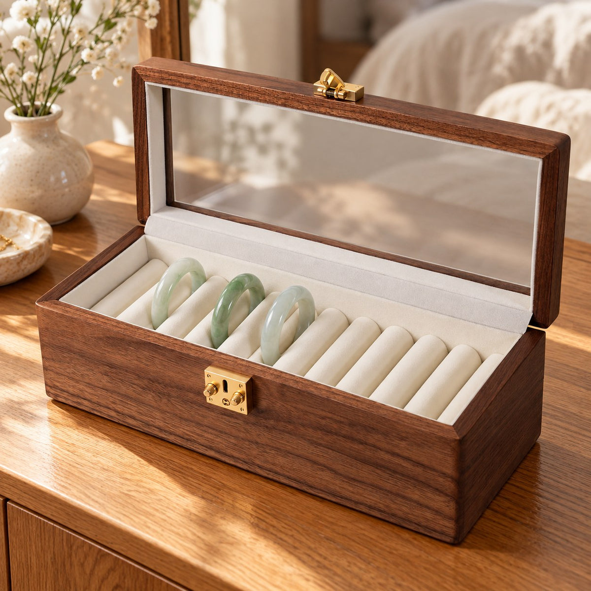 Anella Walnut Bangle Box in Transparent Glass / 12-Compartment, on a dressing table #Lid Style_Transparent Glass|Compartment_12-Compartment