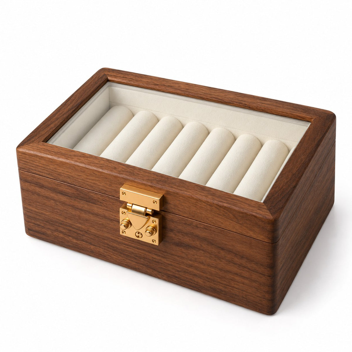 Anella Walnut Bangle Box in Transparent Glass / 7-Compartment, closed, studio view on white #Lid Style_Transparent Glass|Compartment_7-Compartment