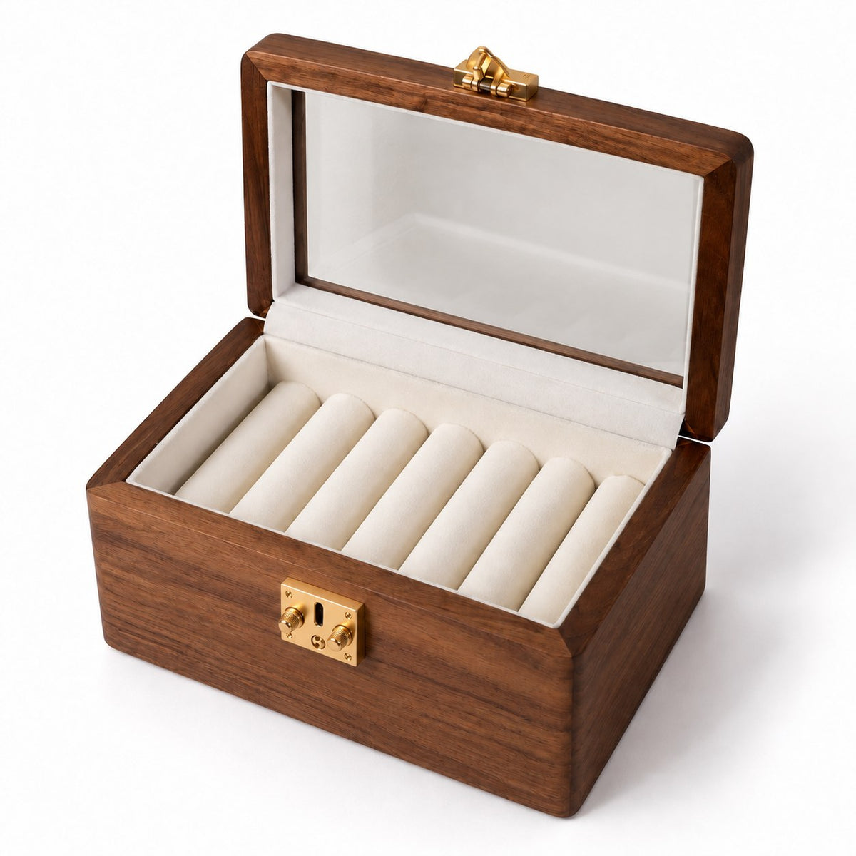 Anella Walnut Bangle Box in Transparent Glass / 7-Compartment, open with empty compartments, studio view on white #Lid Style_Transparent Glass|Compartment_7-Compartment
