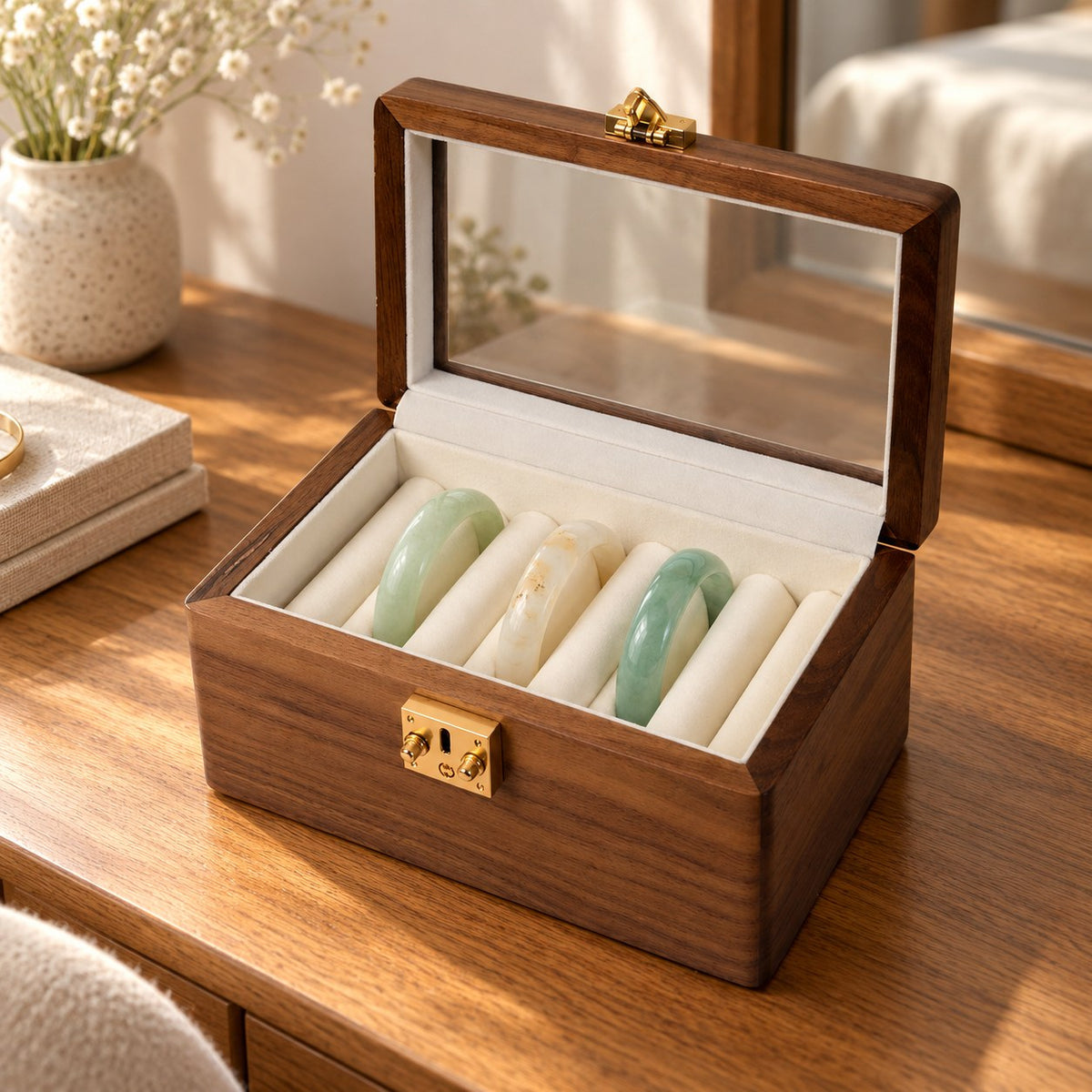 Anella Walnut Bangle Box in Transparent Glass / 7-Compartment, on a dressing table #Lid Style_Transparent Glass|Compartment_7-Compartment