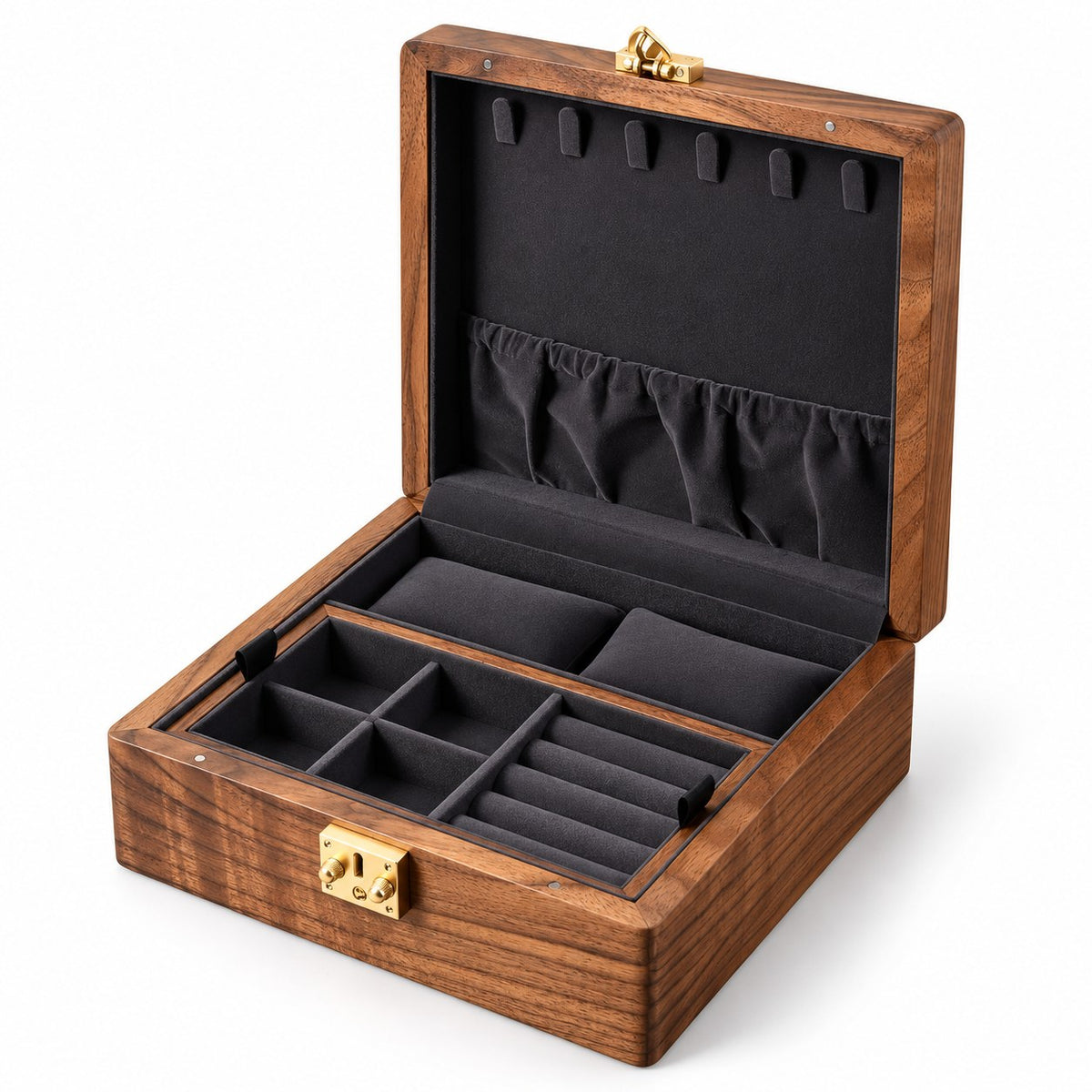 Ara Square Jewellery Box in Dark Grey, open with empty compartments, studio view on white #Lining Colour_Dark Grey