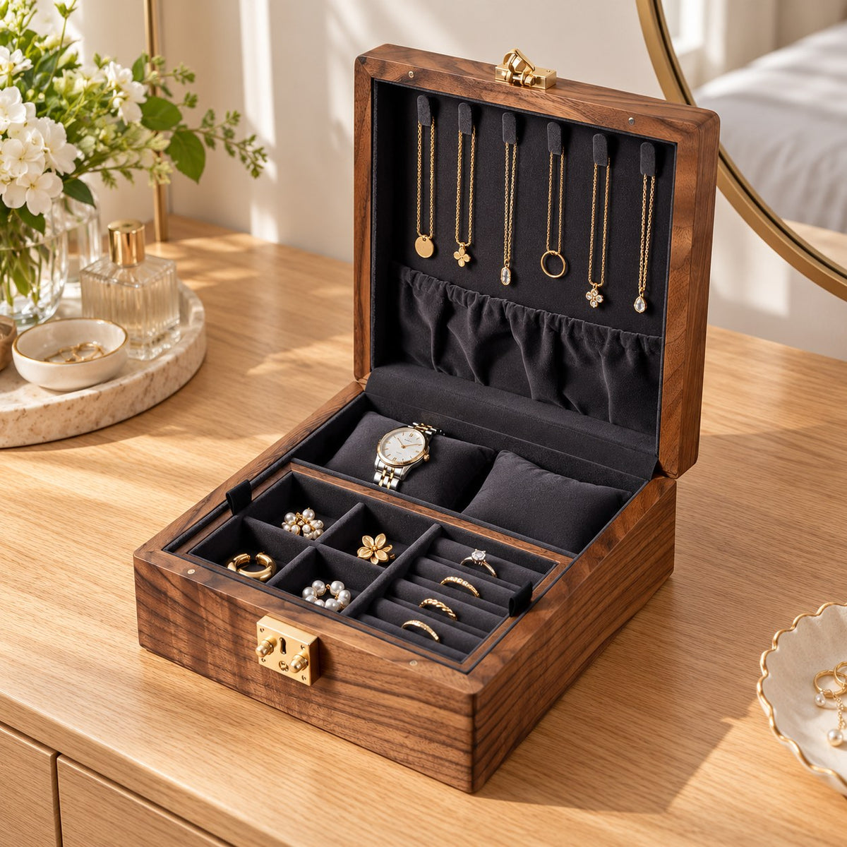 Ara Square Jewellery Box in Dark Grey, on a dressing table #Lining Colour_Dark Grey