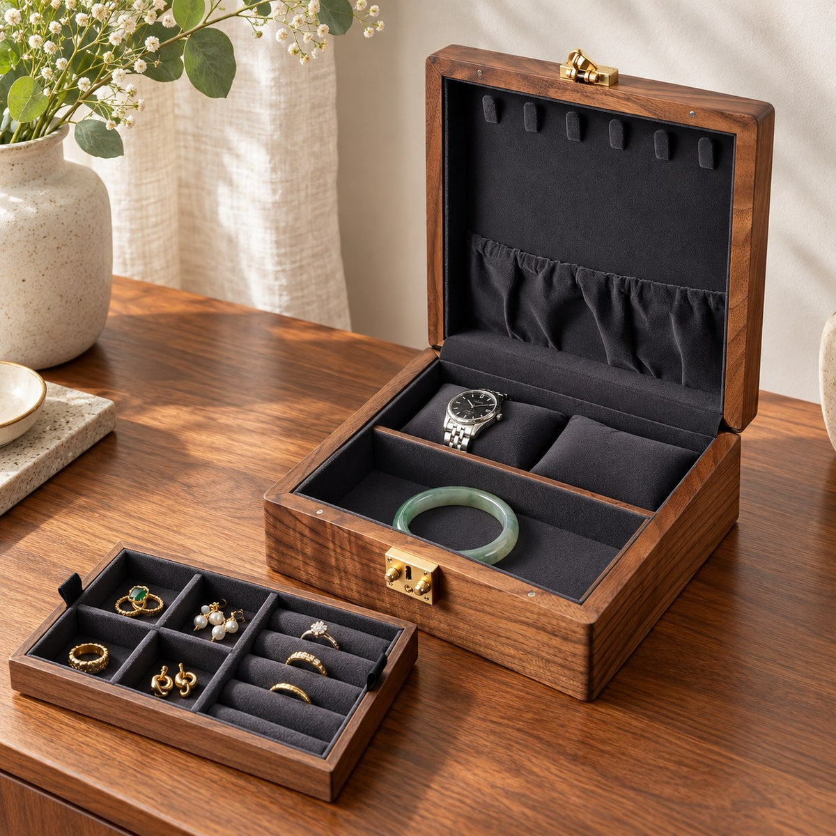 Ara Square Jewellery Box in Dark Grey, on a sideboard in natural light #Lining Colour_Dark Grey