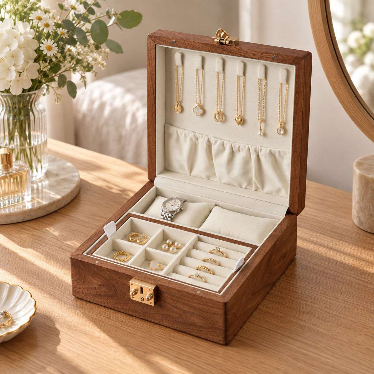 Ara Square Jewellery Box in Milky White, on a dressing table #Lining Colour_Milky White