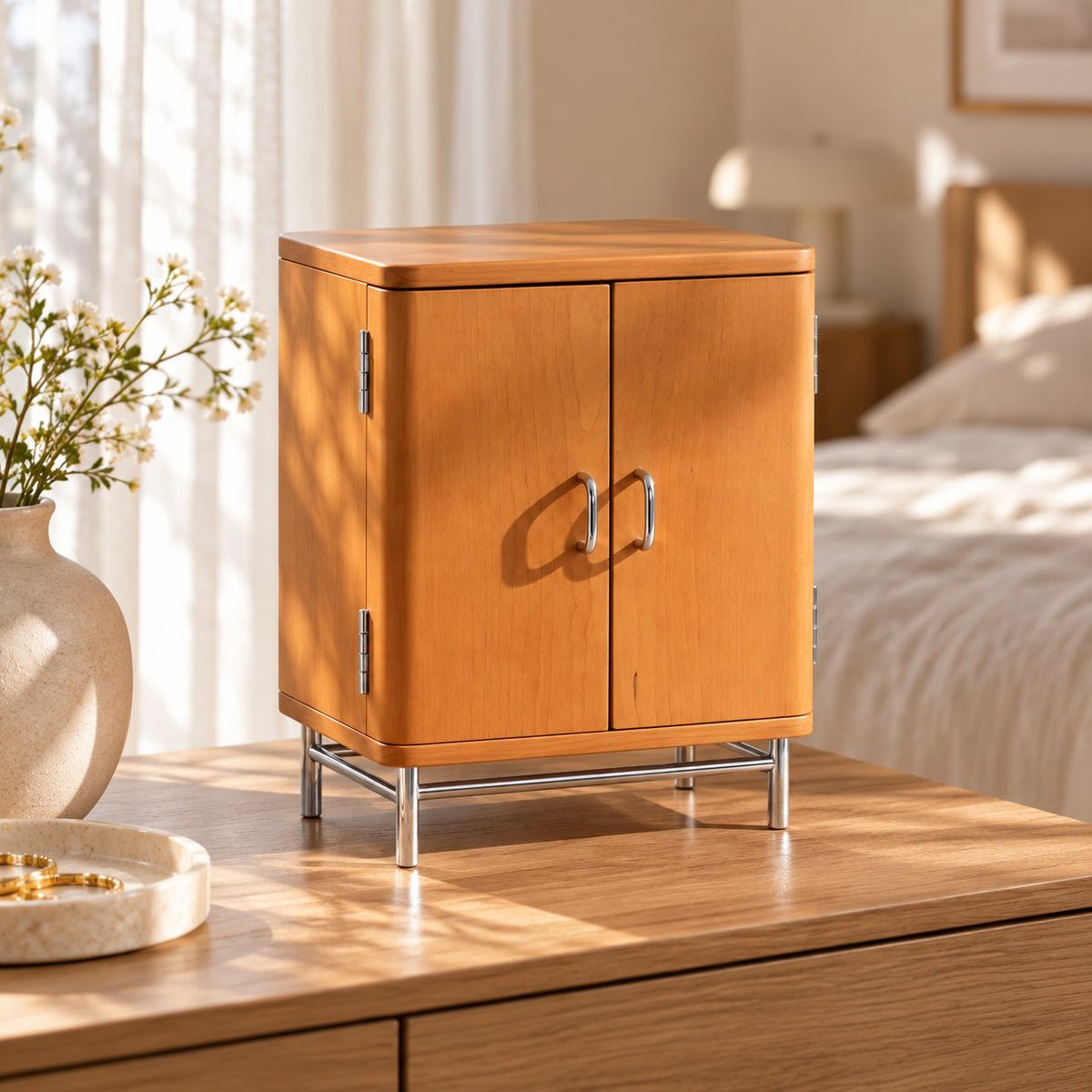 Arcana Wooden Jewellery Cabinet in Cherry, on a sideboard in natural light #Wood_Cherry