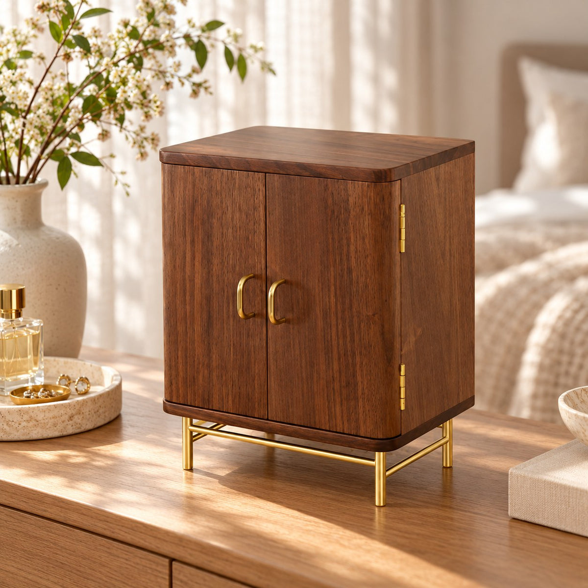 Arcana Wooden Jewellery Cabinet in Walnut, on a sideboard in natural light #Wood_Walnut