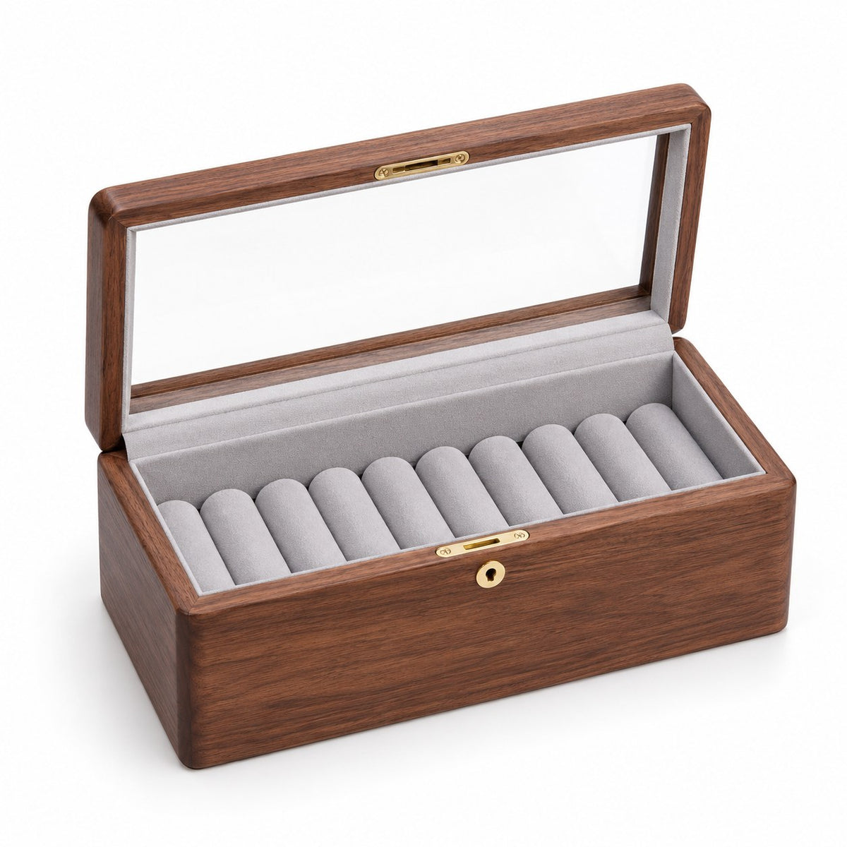 Armilla Glass Bangle Box in Walnut / Glass Lid / 10 Slots, open with empty compartments, studio view on white #Wood_Walnut|Style_Glass Lid|Size_10 Slots