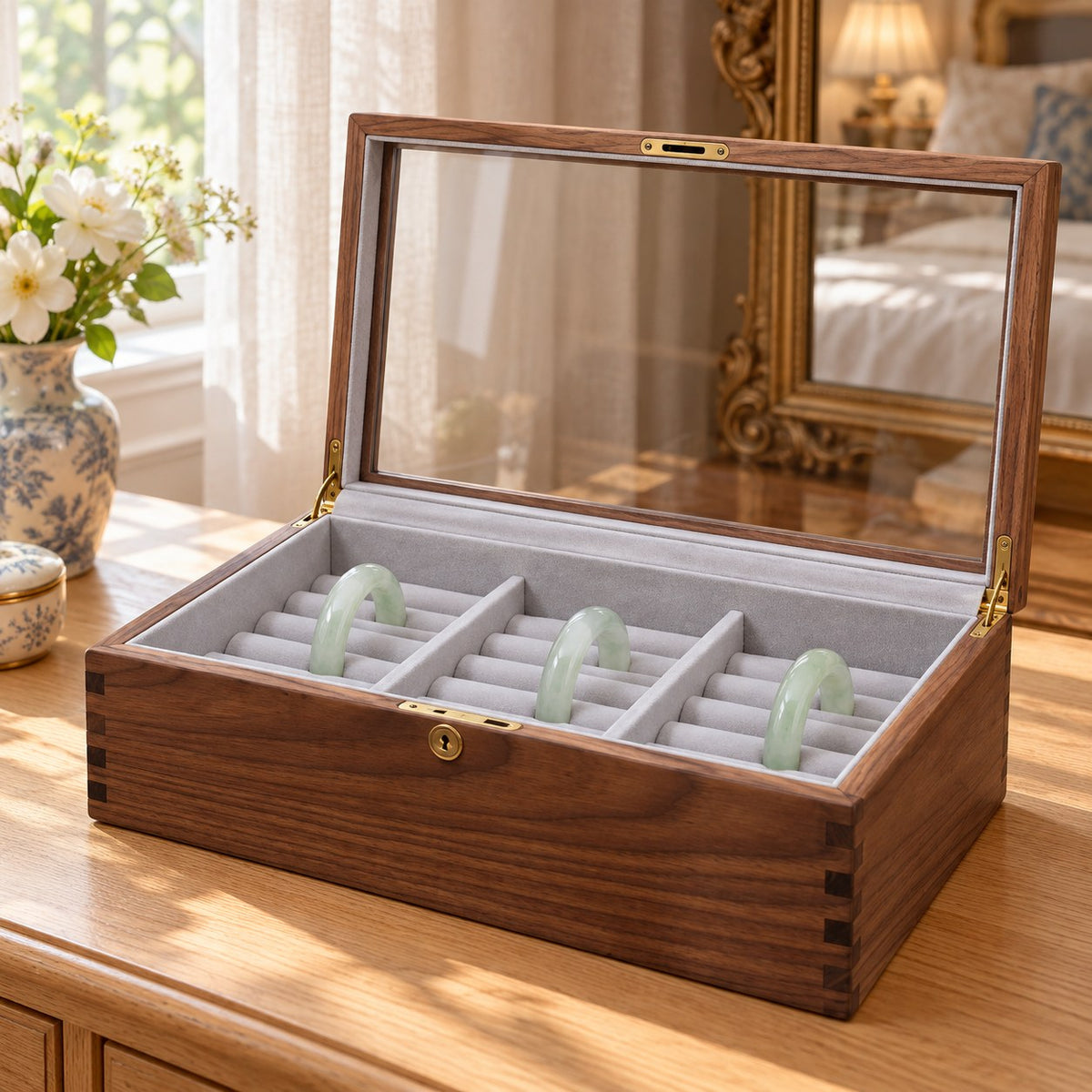 Armilla Glass Bangle Box in Walnut / Glass Lid / 18 Slots, on a dressing table #Wood_Walnut|Style_Glass Lid|Size_18 Slots