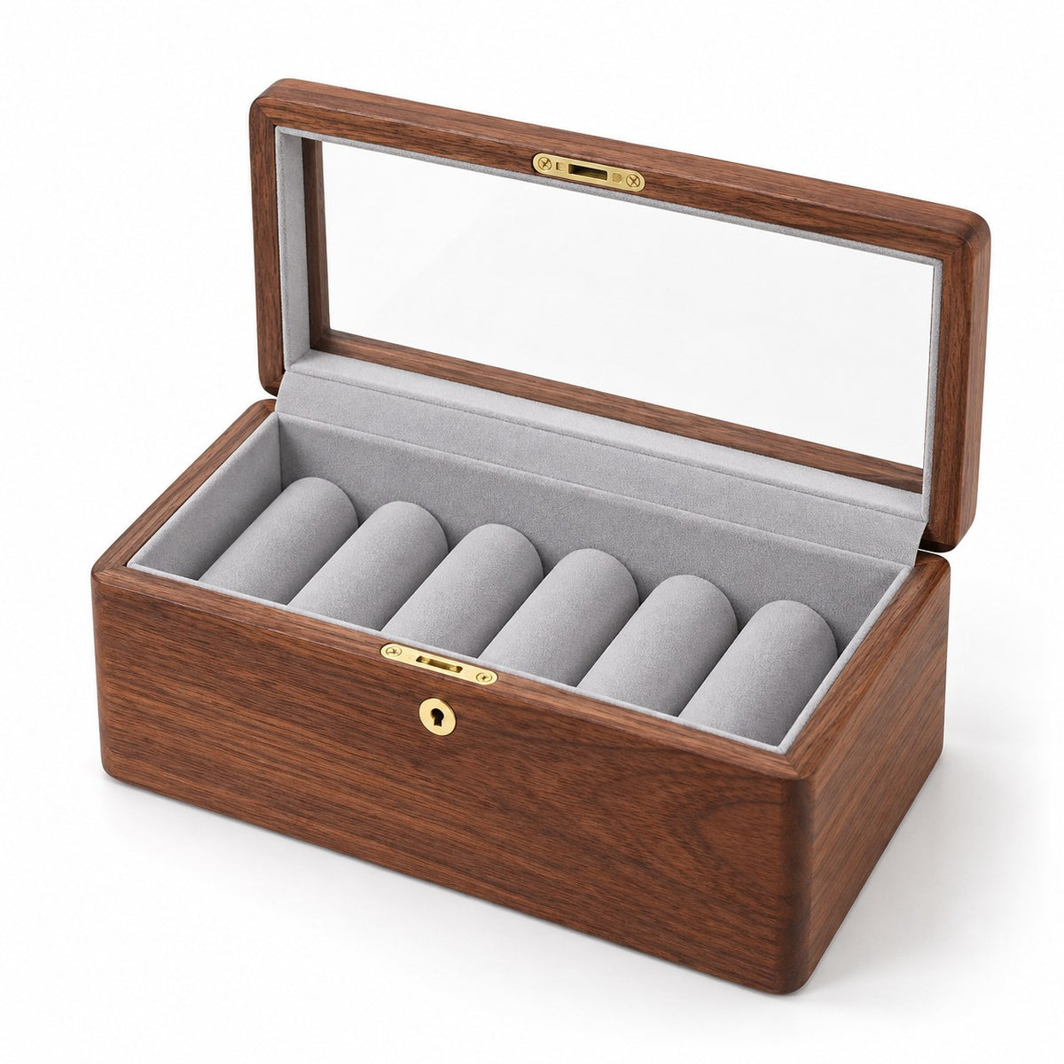 Armilla Glass Bangle Box in Walnut / Glass Lid / 6 Slots, open with empty compartments, studio view on white #Wood_Walnut|Style_Glass Lid|Size_6 Slots