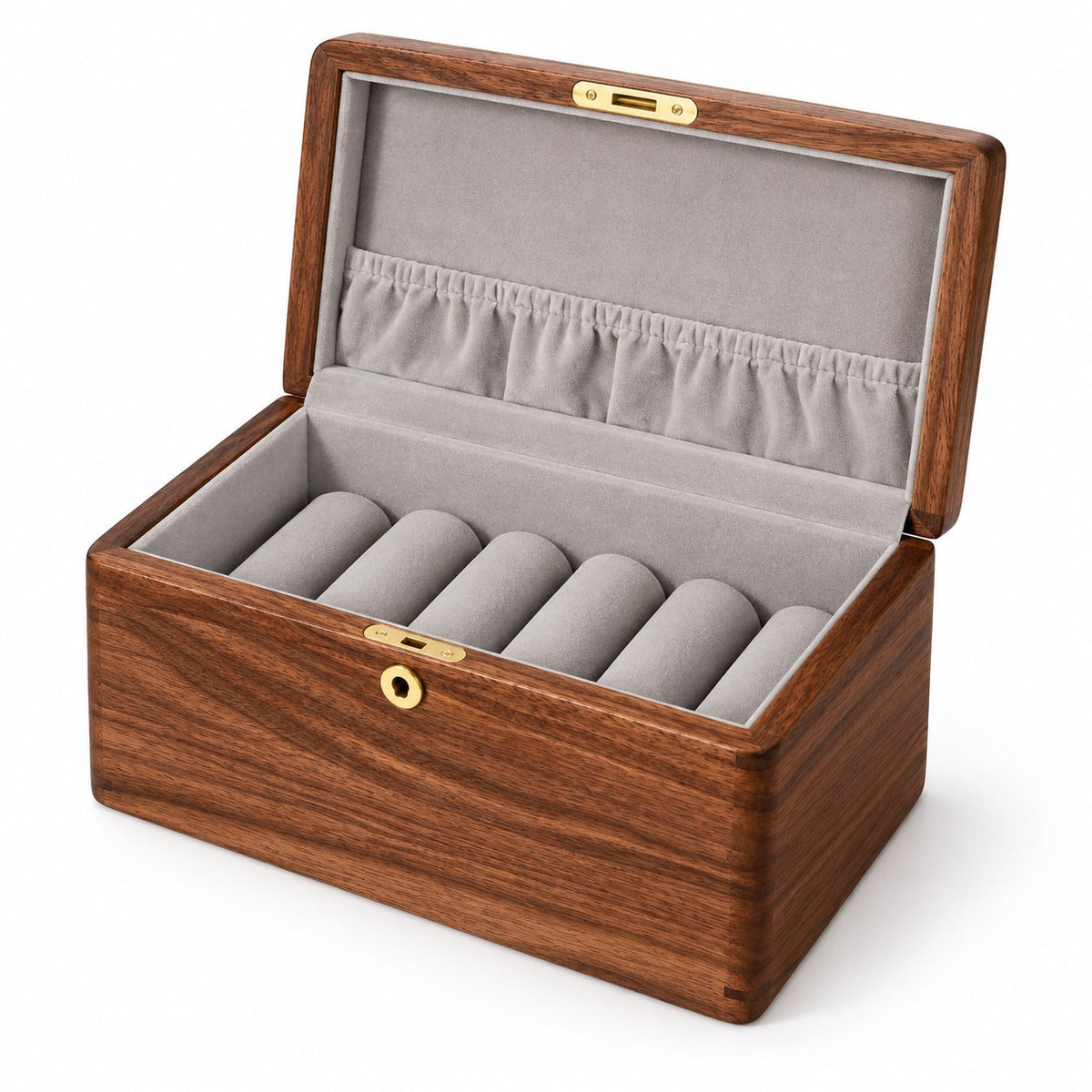 Armilla Glass Bangle Box in Walnut / Solid Wood Lid / 6 Slots, open with empty compartments, studio view on white #Wood_Walnut|Style_Solid Wood Lid|Size_6 Slots