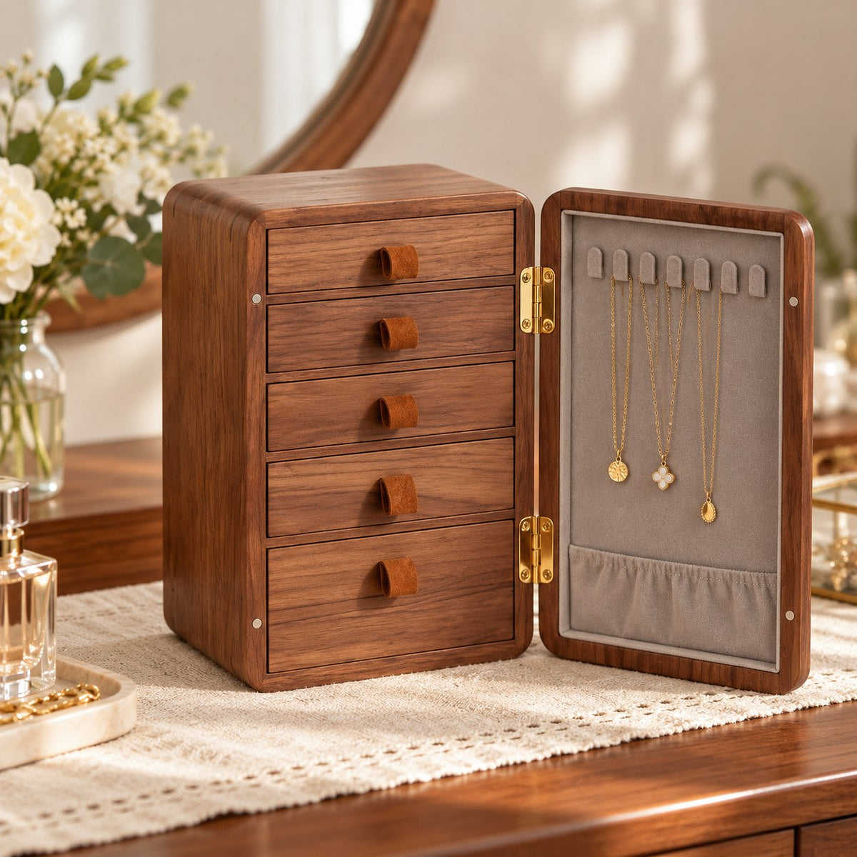Aulica Wooden Jewellery Cabinet in 5 Drawers / Walnut, on a dressing table #Size_5 Drawers|Wood_Walnut