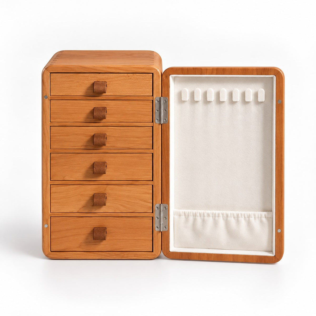 Aulica Wooden Jewellery Cabinet in 6 Drawers / Cherry, open with empty compartments, studio view on white #Size_6 Drawers|Wood_Cherry