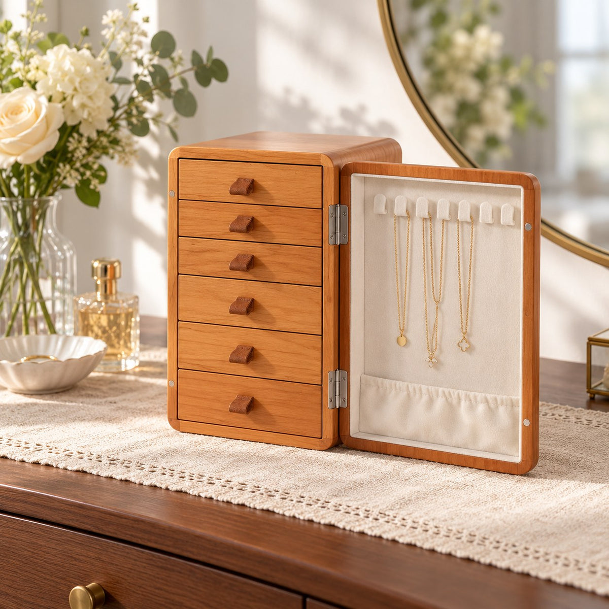 Aulica Wooden Jewellery Cabinet in 6 Drawers / Cherry, on a dressing table #Size_6 Drawers|Wood_Cherry