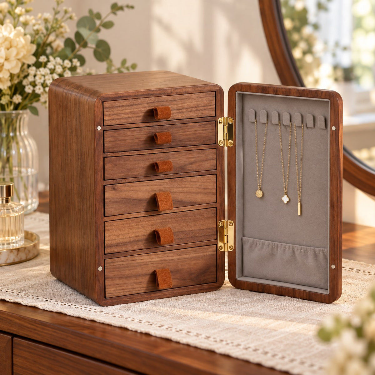 Aulica Wooden Jewellery Cabinet in 6 Drawers / Walnut, on a dressing table #Size_6 Drawers|Wood_Walnut