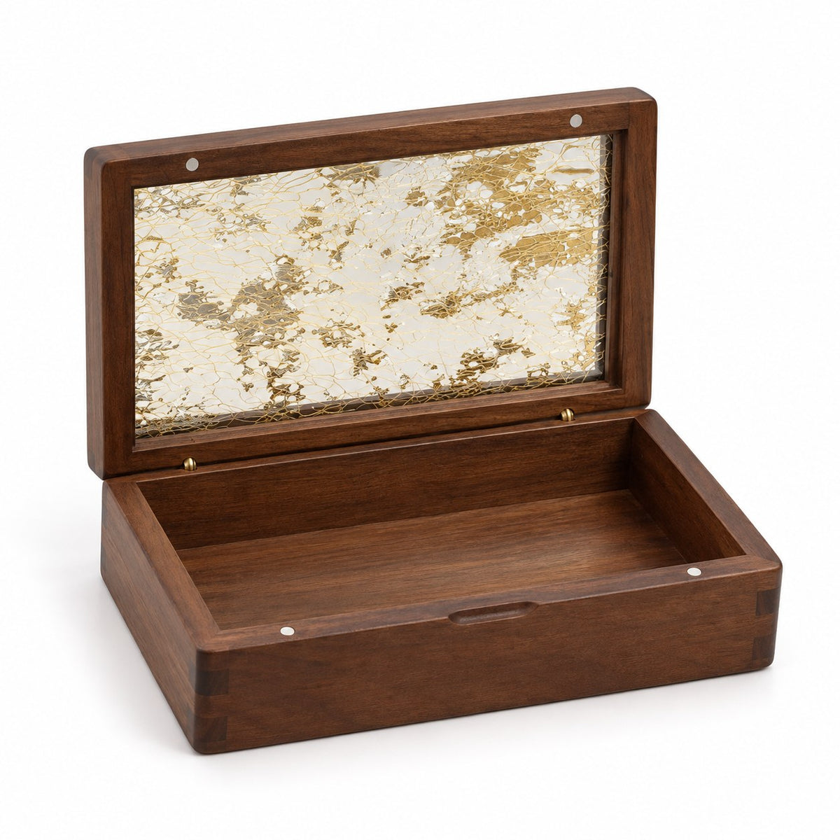 Aurata Gilded Jewellery Box, open with empty compartments, studio view on white