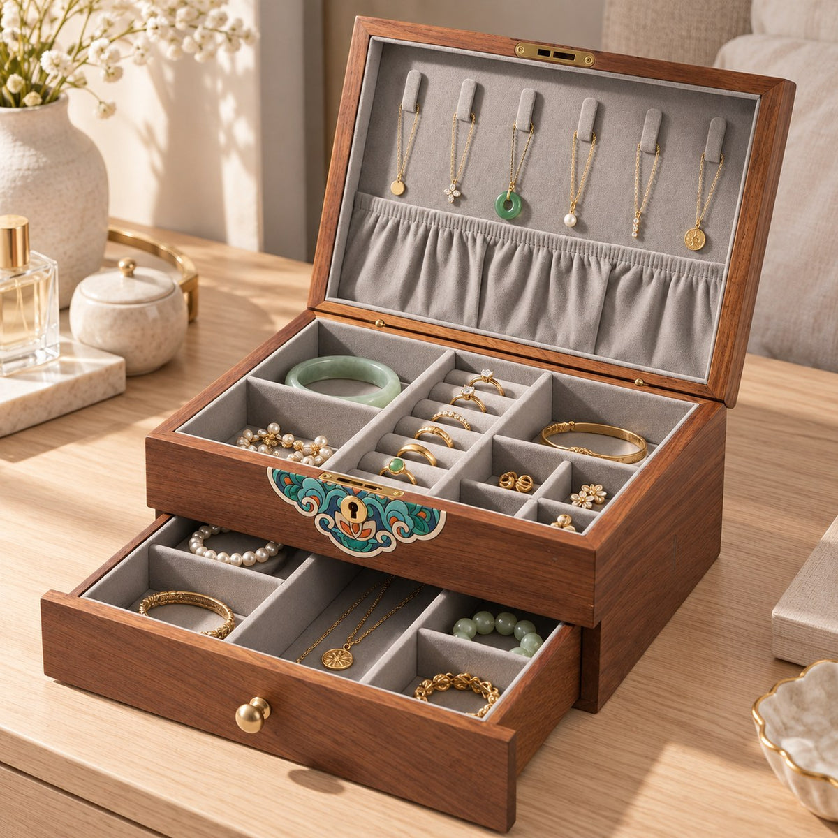 Caela Wooden Jewellery Box in Black Walnut, on a dressing table #Wood_Black Walnut
