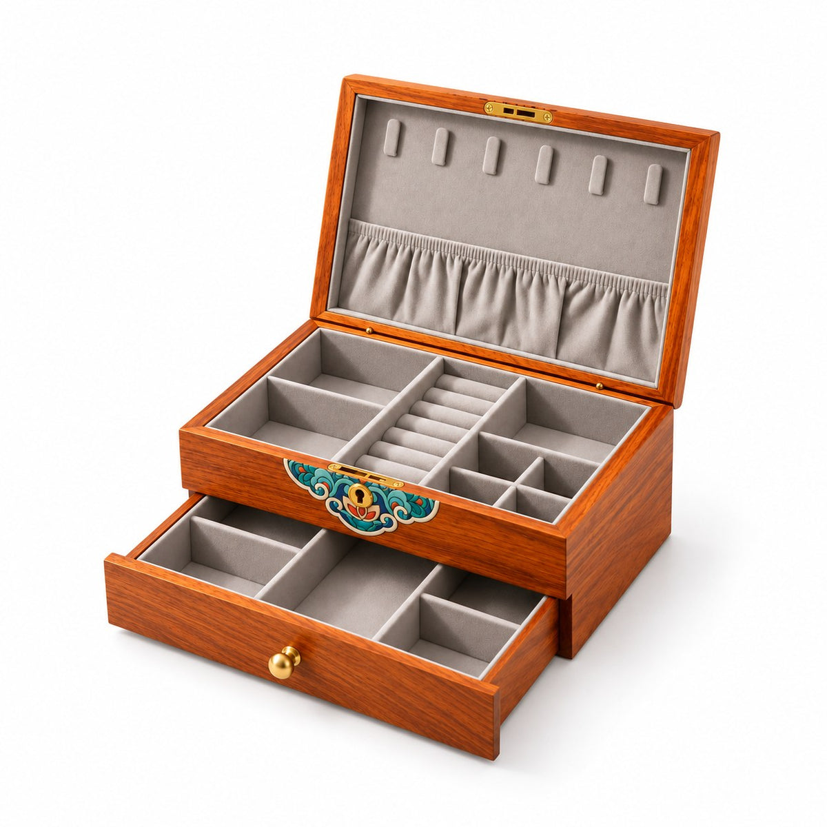 Caela Wooden Jewellery Box in Burma Rosewood, open with empty compartments, studio view on white #Wood_Burma Rosewood