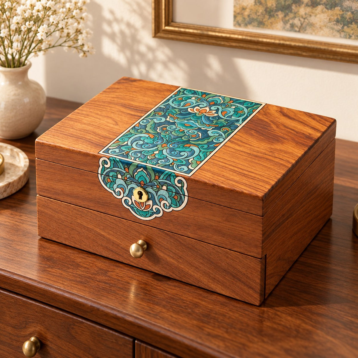 Caela Wooden Jewellery Box in Burma Rosewood, on a sideboard in natural light #Wood_Burma Rosewood