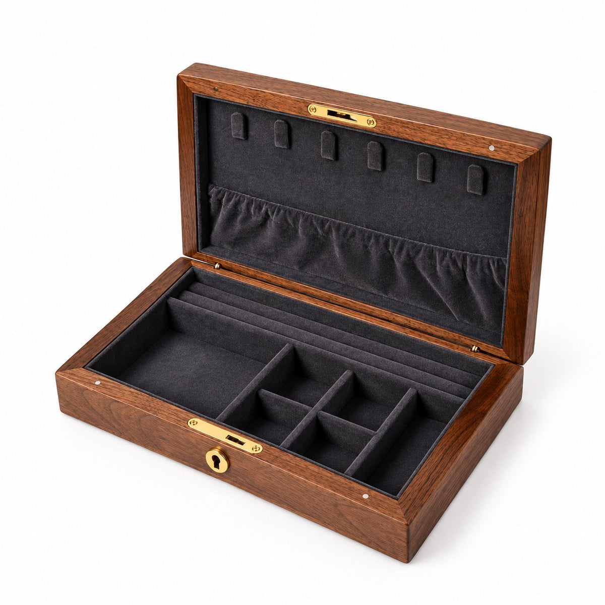 Carina Walnut Jewellery Box in Dark Grey / With Lock, open with empty compartments, studio view on white #Lining Colour_Dark Grey|Style_With Lock