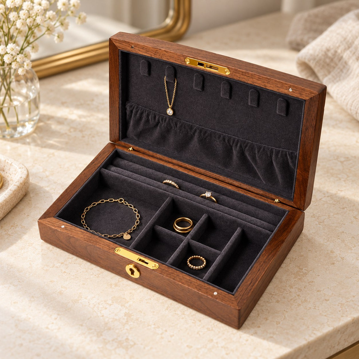 Carina Walnut Jewellery Box in Dark Grey / With Lock, on a dressing table #Lining Colour_Dark Grey|Style_With Lock