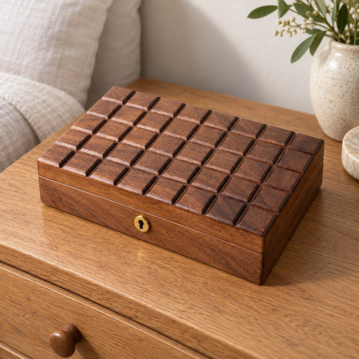 Carina Walnut Jewellery Box in Dark Grey / With Lock, on a sideboard in natural light #Lining Colour_Dark Grey|Style_With Lock
