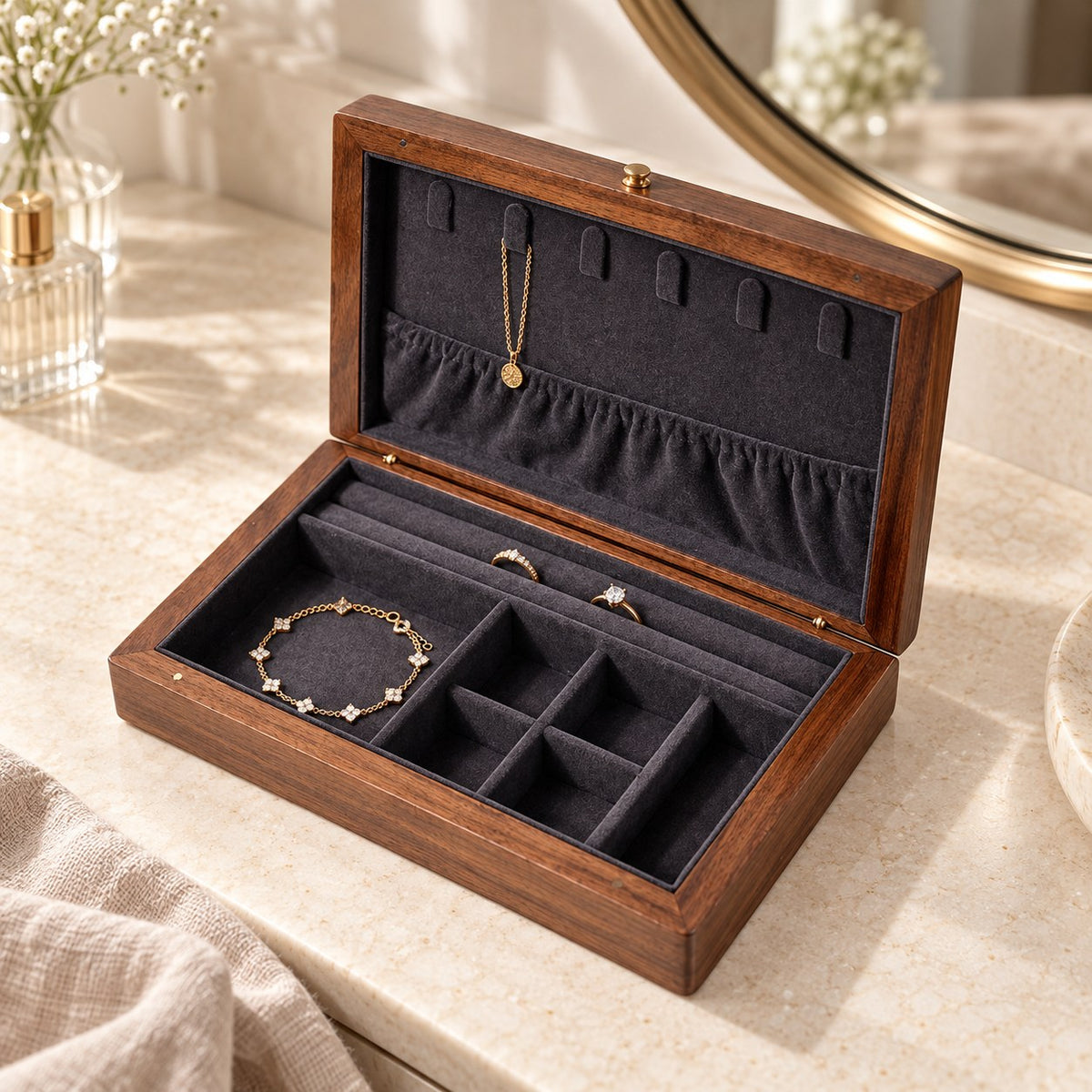 Carina Walnut Jewellery Box in Dark Grey / Without Lock, on a dressing table #Lining Colour_Dark Grey|Style_Without Lock