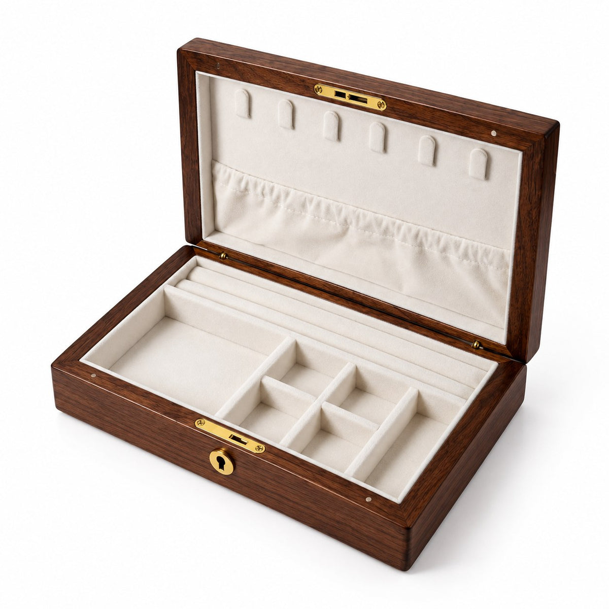 Carina Walnut Jewellery Box in Milky White / With Lock, open with empty compartments, studio view on white #Lining Colour_Milky White|Style_With Lock