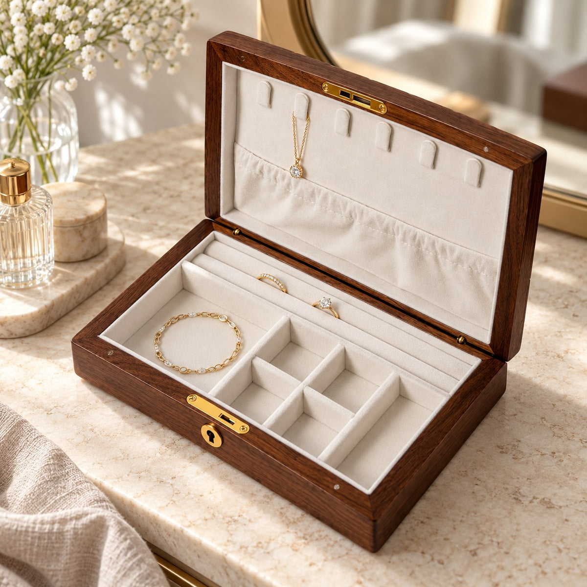 Carina Walnut Jewellery Box in Milky White / With Lock, on a dressing table #Lining Colour_Milky White|Style_With Lock