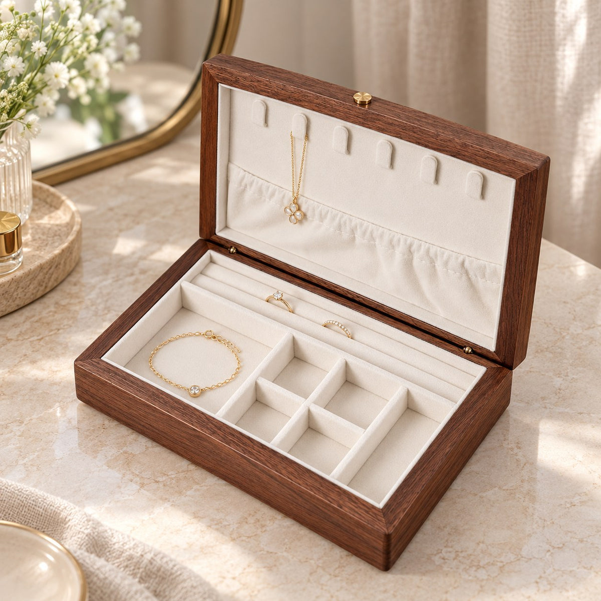 Carina Walnut Jewellery Box in Milky White / Without Lock, on a dressing table #Lining Colour_Milky White|Style_Without Lock
