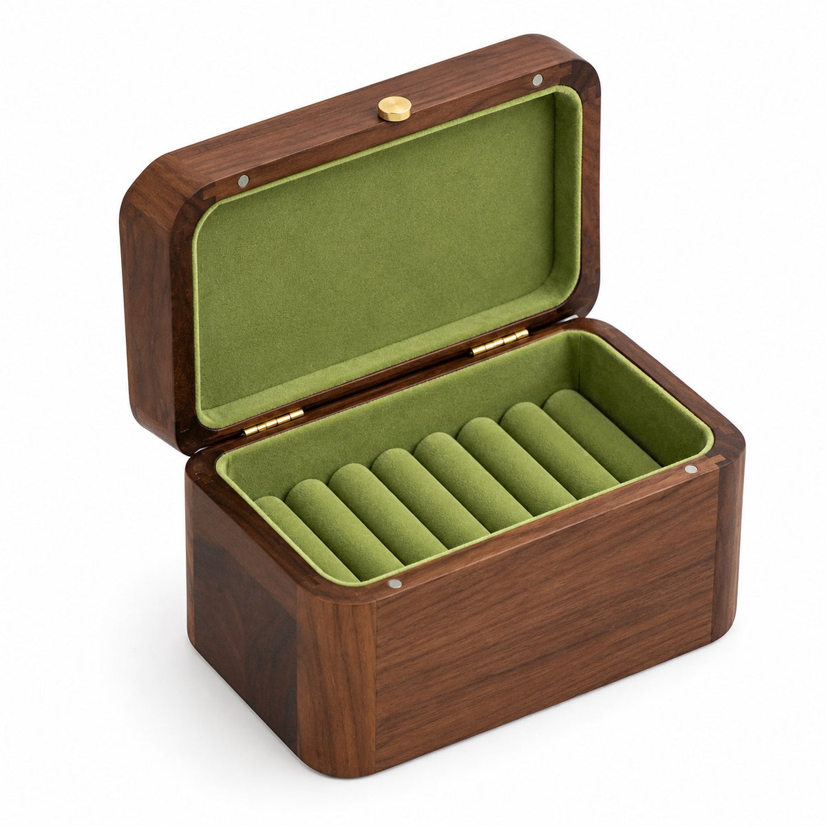 Cassia Glass Bangle Box in Green, open with empty compartments, studio view on white #Lining Colour_Green