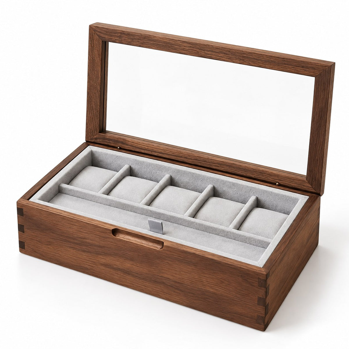 Castor Walnut Watch Box in 7-Compartment Style, open with empty compartments, studio view on white #Style_7-Compartment Style
