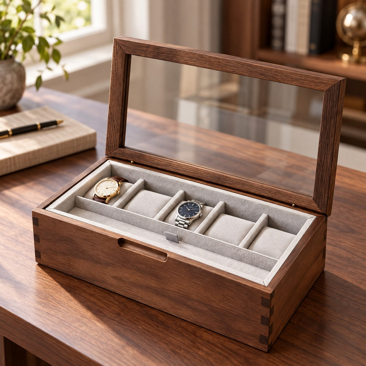 Castor Walnut Watch Box in 7-Compartment Style, on a desk #Style_7-Compartment Style