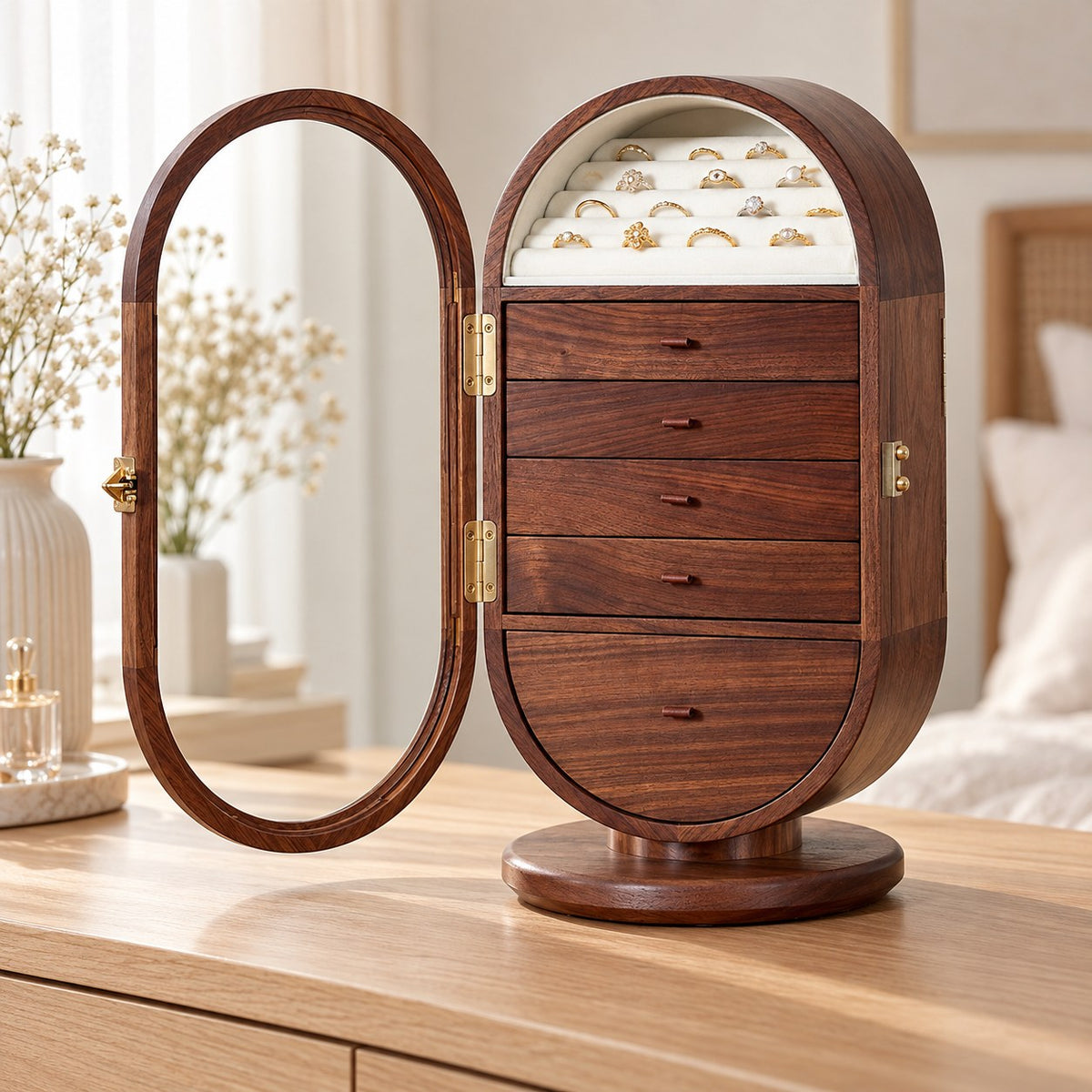Circina Rotating Jewellery Cabinet in Max, on a dressing table #Size_Max