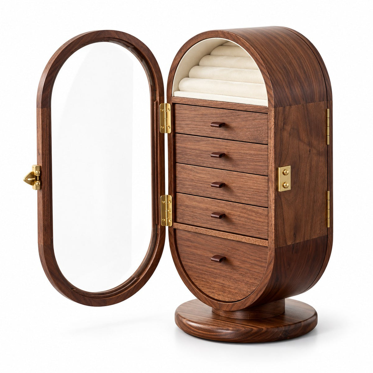 Circina Rotating Jewellery Cabinet in Mini, open with empty compartments, studio view on white #Size_Mini