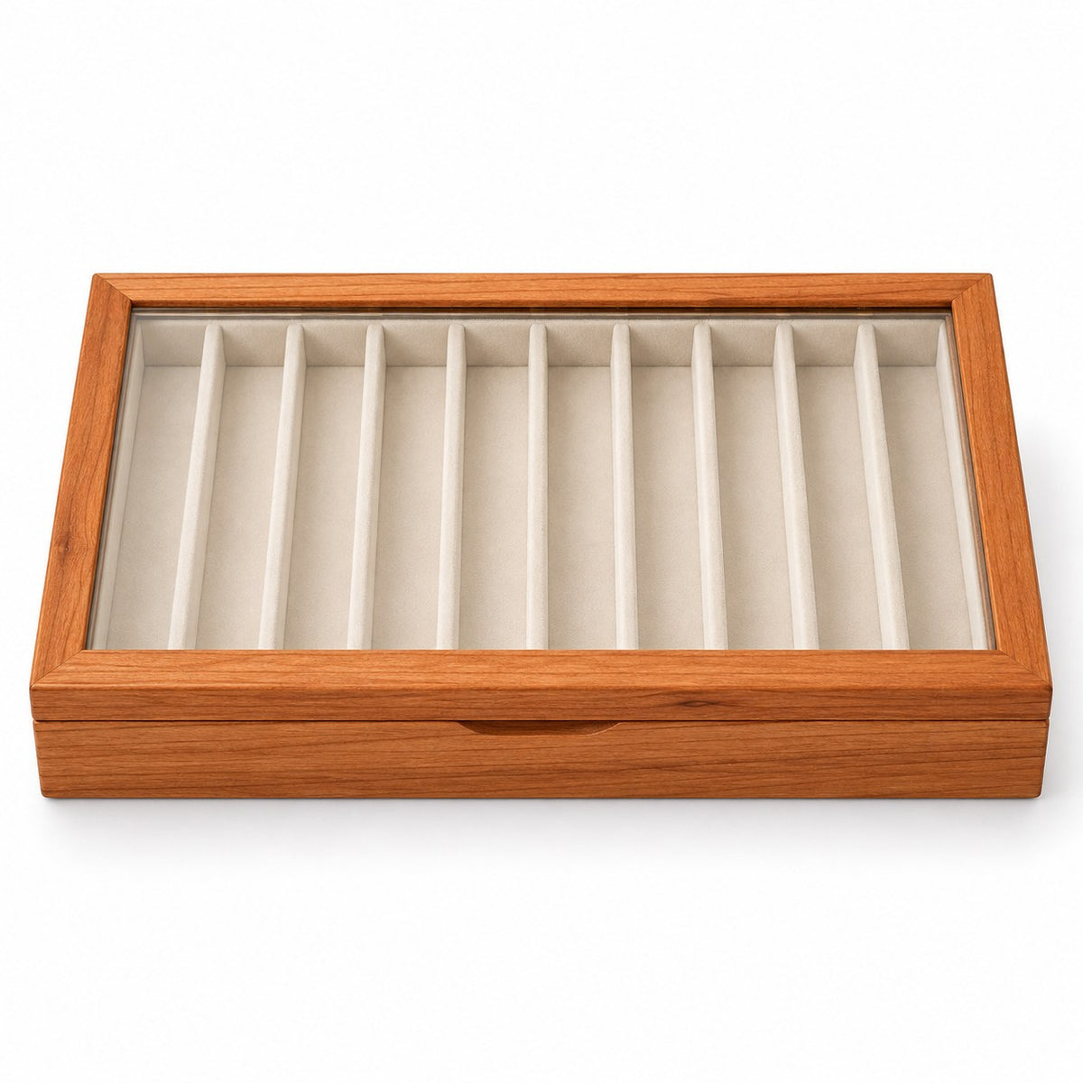 Clarea Glass Jewellery Box in Cherry / White, closed, studio view on white #Wood_Cherry|Lining Colour_White