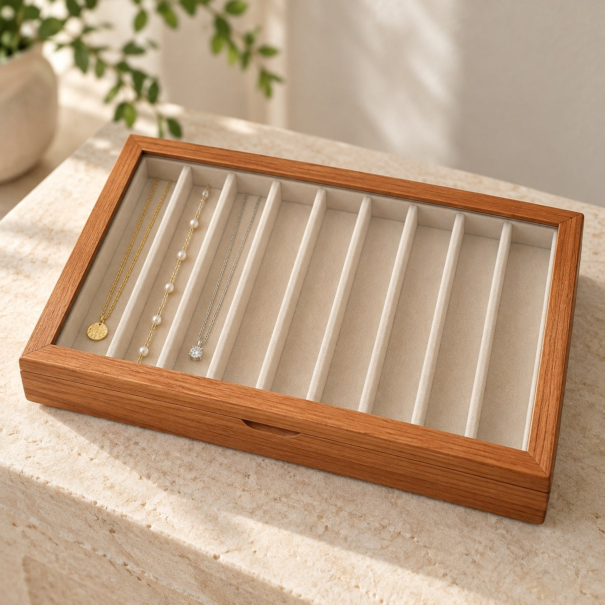 Clarea Glass Jewellery Box in Cherry / White, on a sideboard in natural light #Wood_Cherry|Lining Colour_White