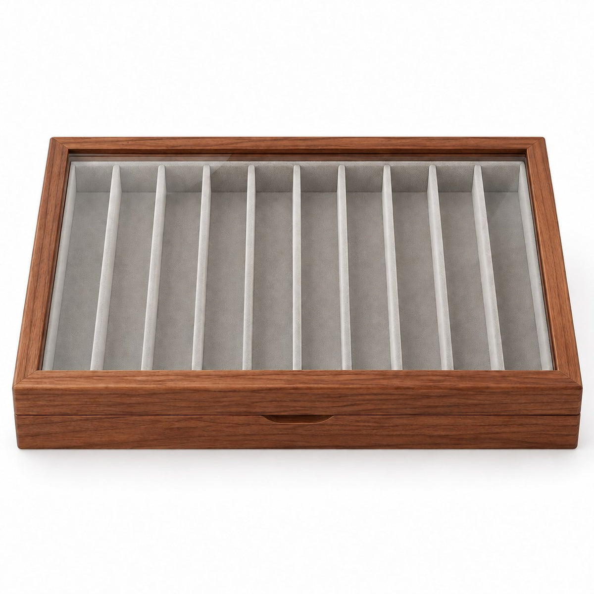 Clarea Glass Jewellery Box in Walnut / Grey, closed, studio view on white #Wood_Walnut|Lining Colour_Grey