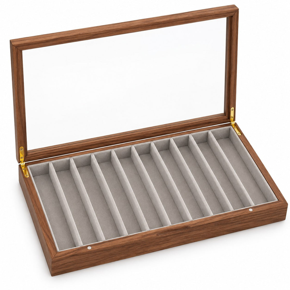 Clarea Glass Jewellery Box in Walnut / Grey, open with empty compartments, studio view on white #Wood_Walnut|Lining Colour_Grey