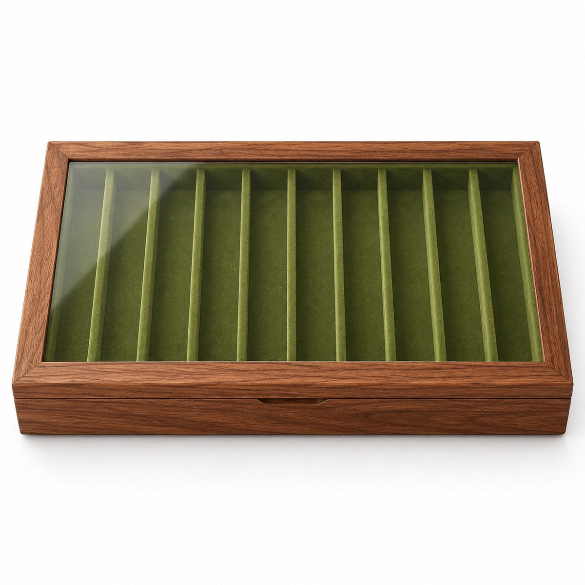 Clarea Glass Jewellery Box in Walnut / Green, closed, studio view on white #Wood_Walnut|Lining Colour_Green