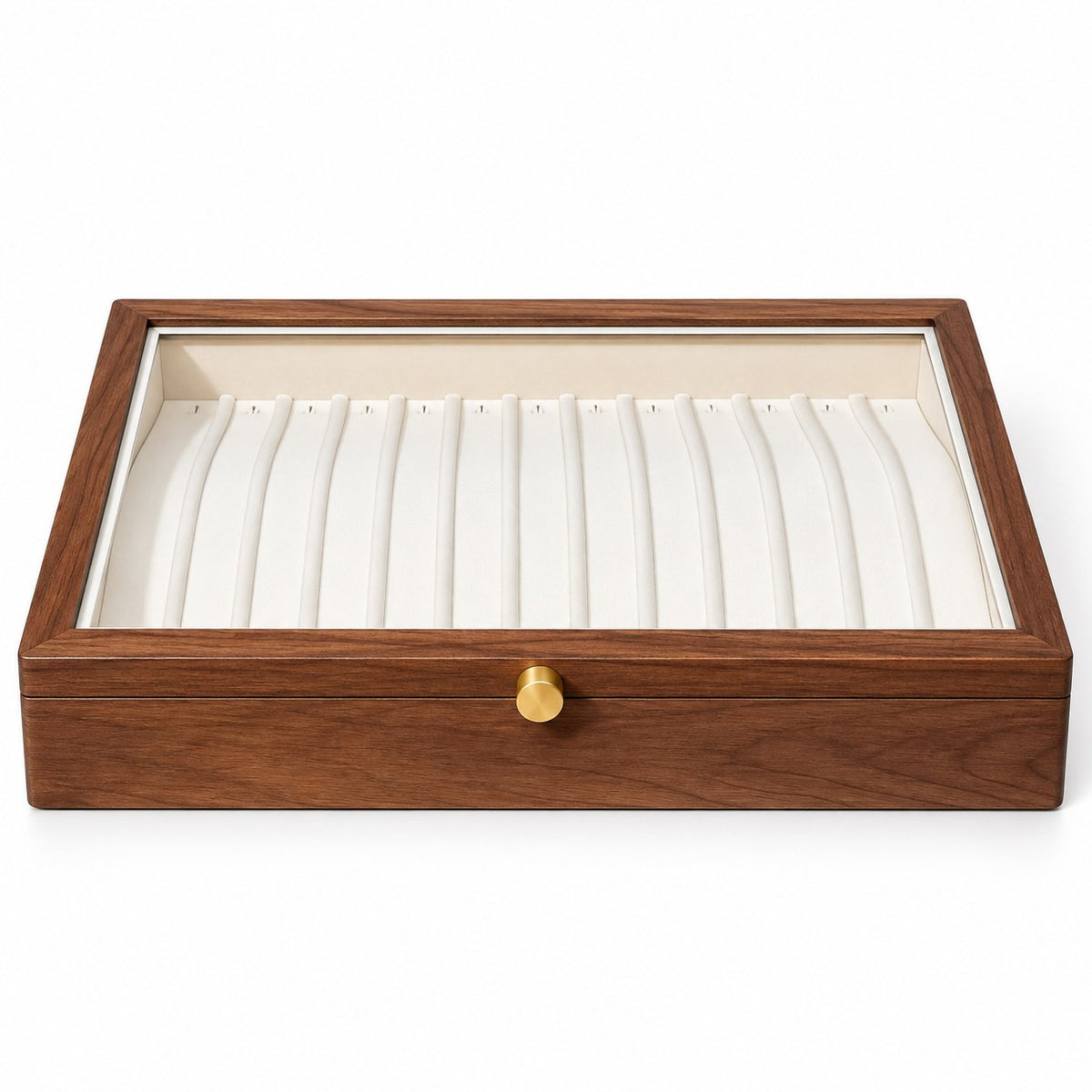 Clarea Glass Jewellery Box in Walnut / White, closed, studio view on white #Wood_Walnut|Lining Colour_White