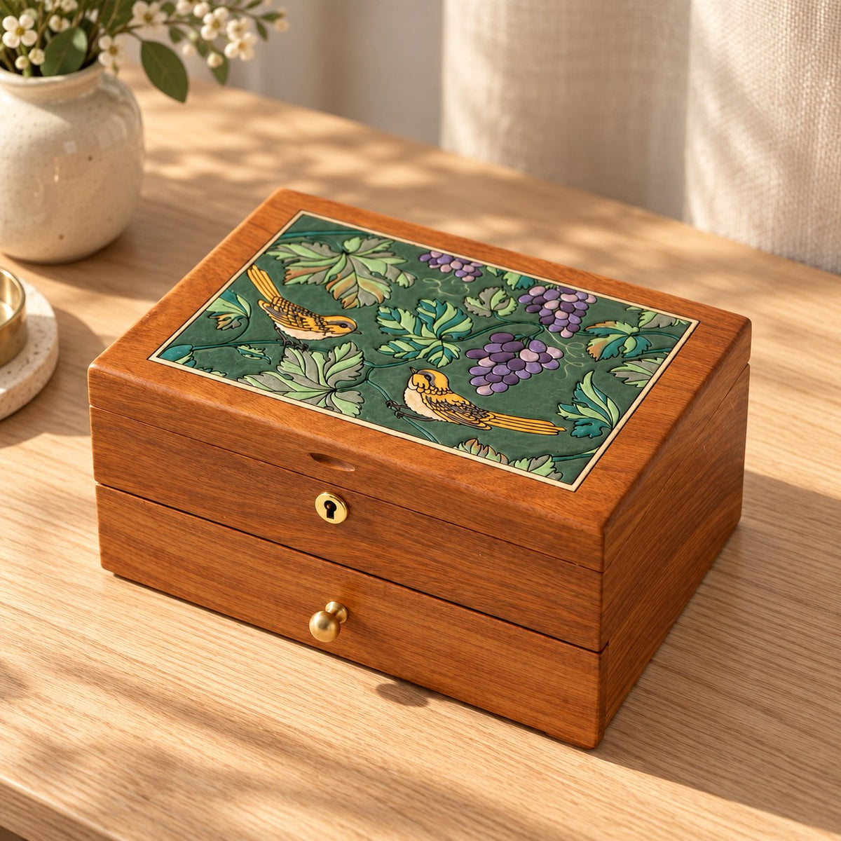 Clavis Lockable Jewellery Box in Burma Rosewood, on a sideboard in natural light #Wood_Burma Rosewood