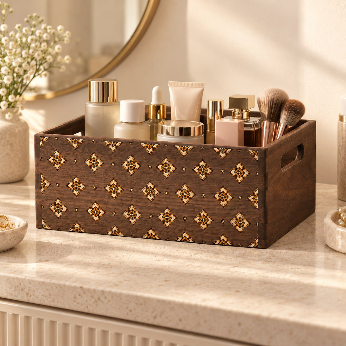 Cosmeta Wooden Vanity Organiser in Black Walnut / Large, on a dressing table #Wood_Black Walnut|Size_Large