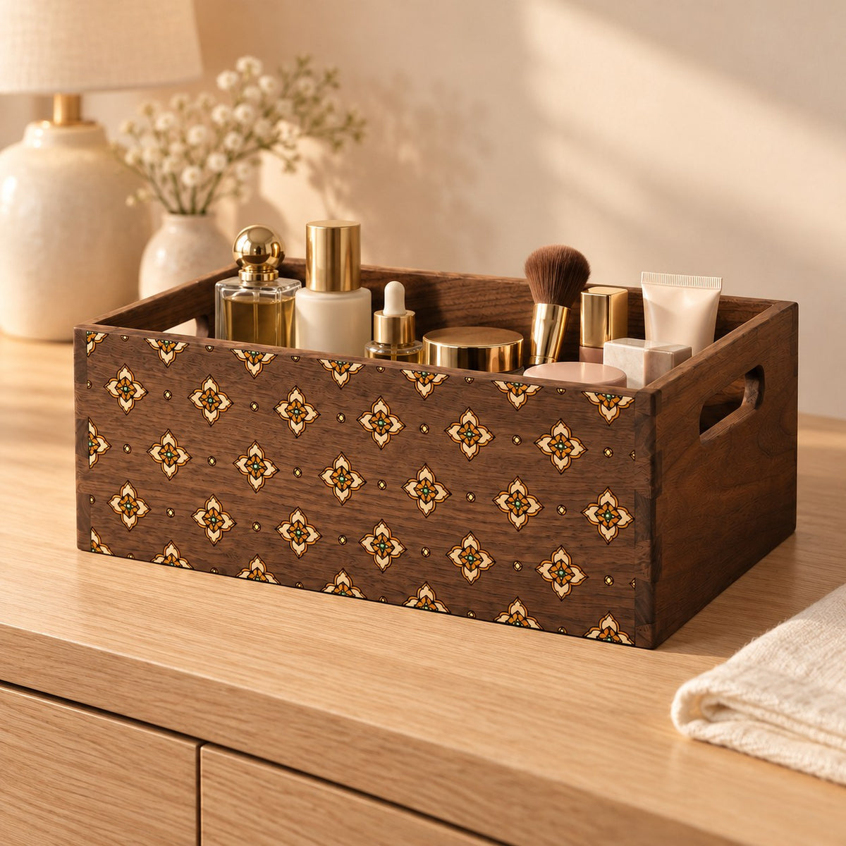 Cosmeta Wooden Vanity Organiser in Black Walnut / Large, on a sideboard in natural light #Wood_Black Walnut|Size_Large